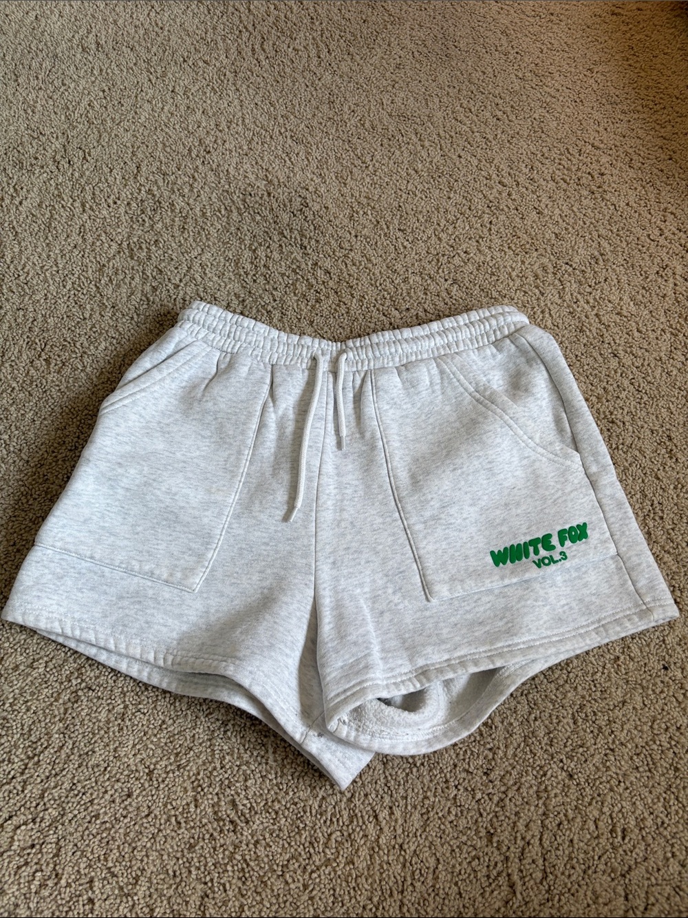 White Fox Boutique Cream Terry Athletic Shorts with Green Logo